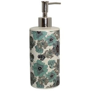 Sunburst Blue Grey Moth Clay Floral Ceramic Soap Lotion Dispenser 16 Oz